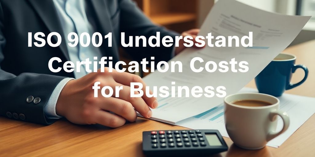 Businessman reviewing ISO 9001 certification documents on desk.