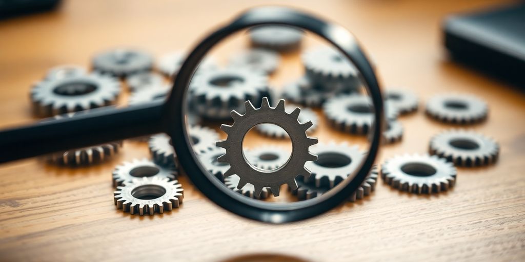 A magnifying glass examining small gears on a desk.