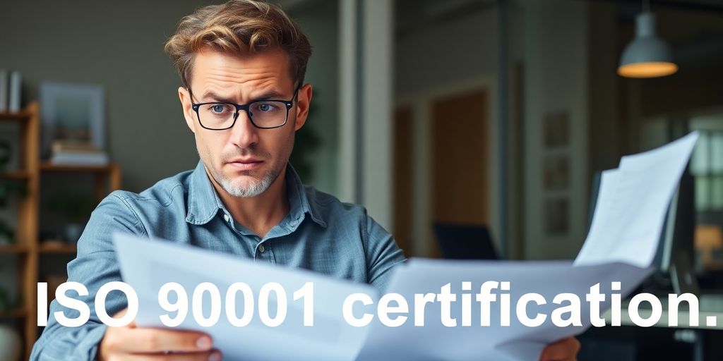 Business owner focused on ISO certification paperwork in office.